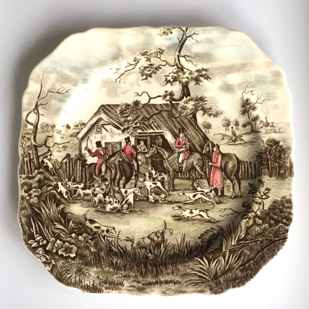 Rare English Transferware Tally Ho “ STIRRUP CUP ” Square Salad Plate